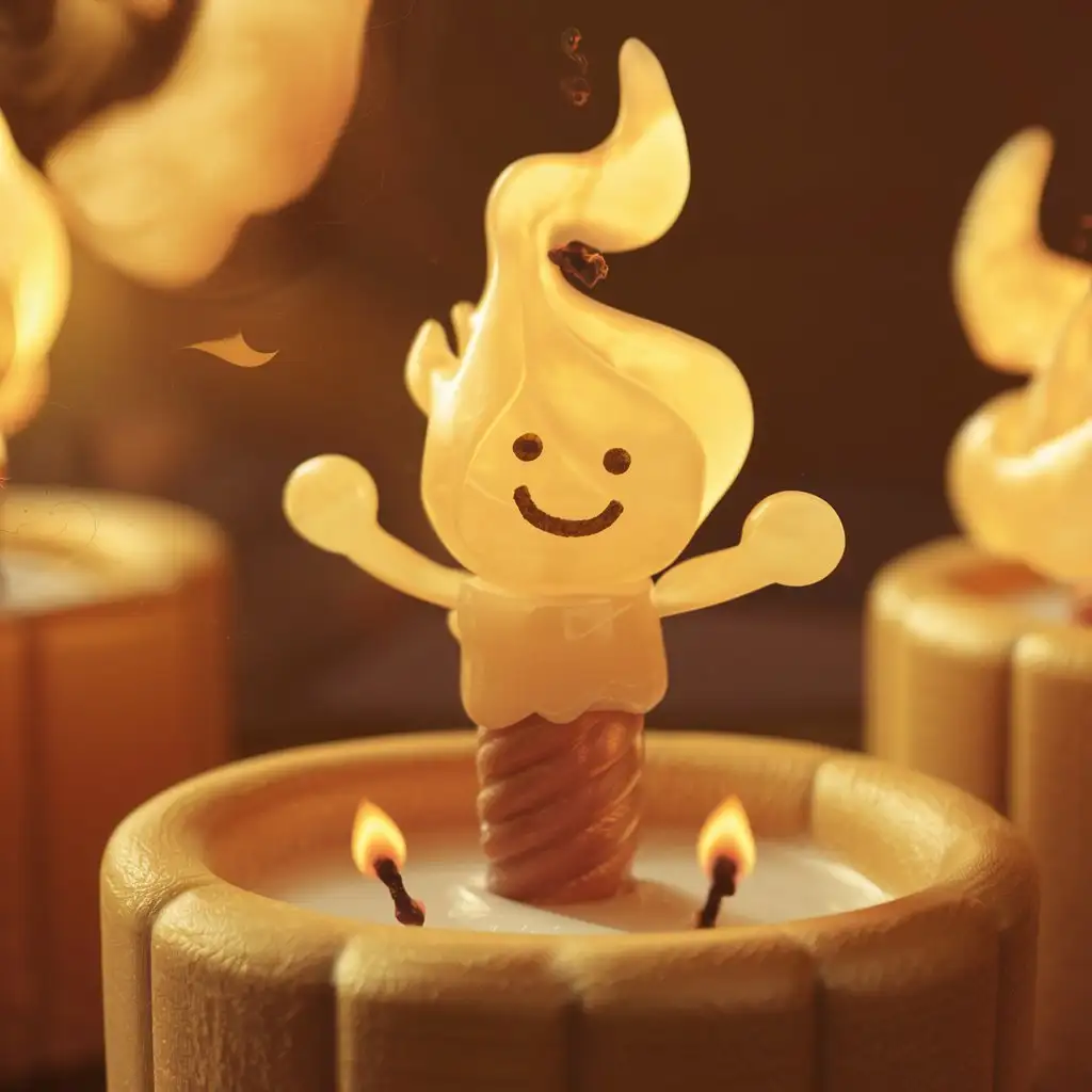 A close up of a  candle,  in the flame on the wick A little fire person made out of flames