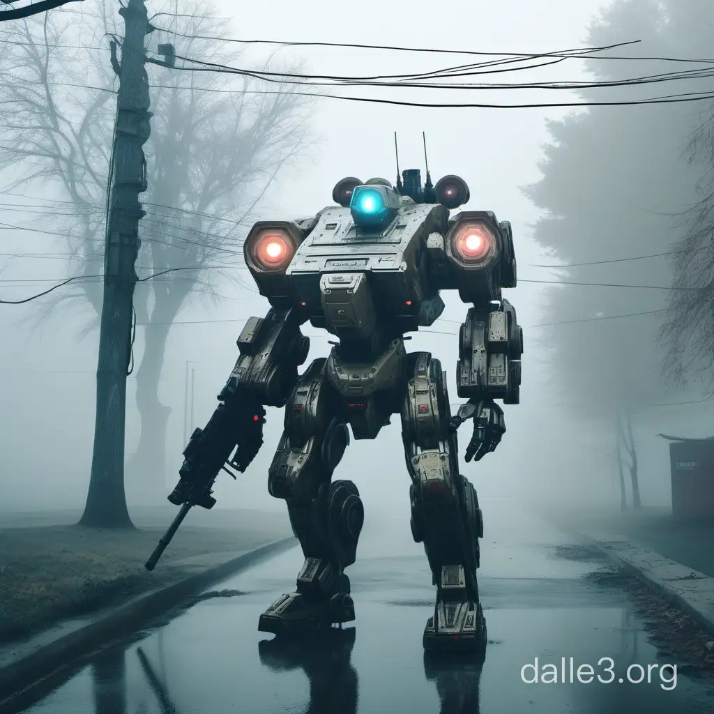 foggy day in a Russian neighborhood and through the fog is hybrid mech warrior walking with lights and machine guns