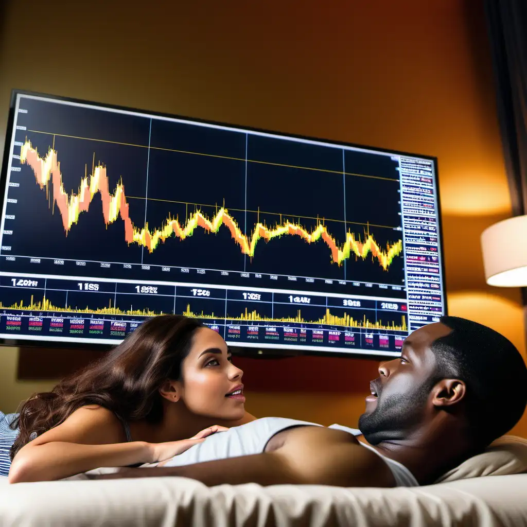 Black man laying between a latina woman legs on a comfy bed looking at the Gold market charts on a big screen TV monitor.