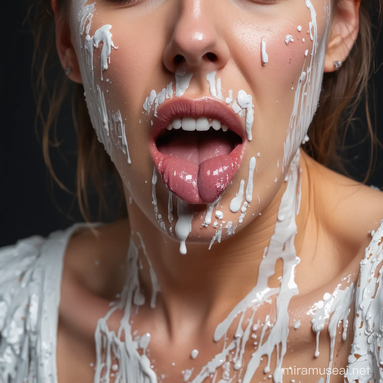 Closeup of a woman wearing beautiful dress, her tongue stained with sticky white paint
