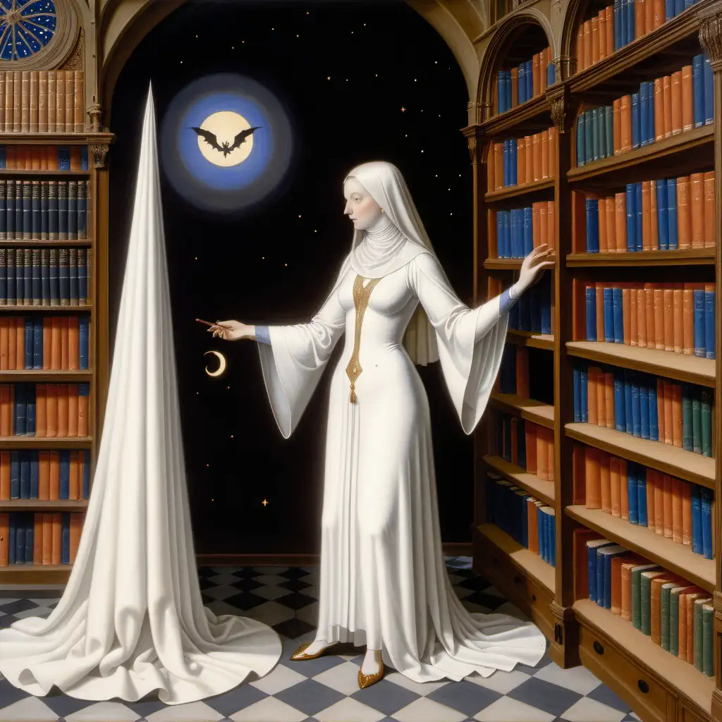 limbourg brothers painting depicting a witch wearing a white robe in a library
