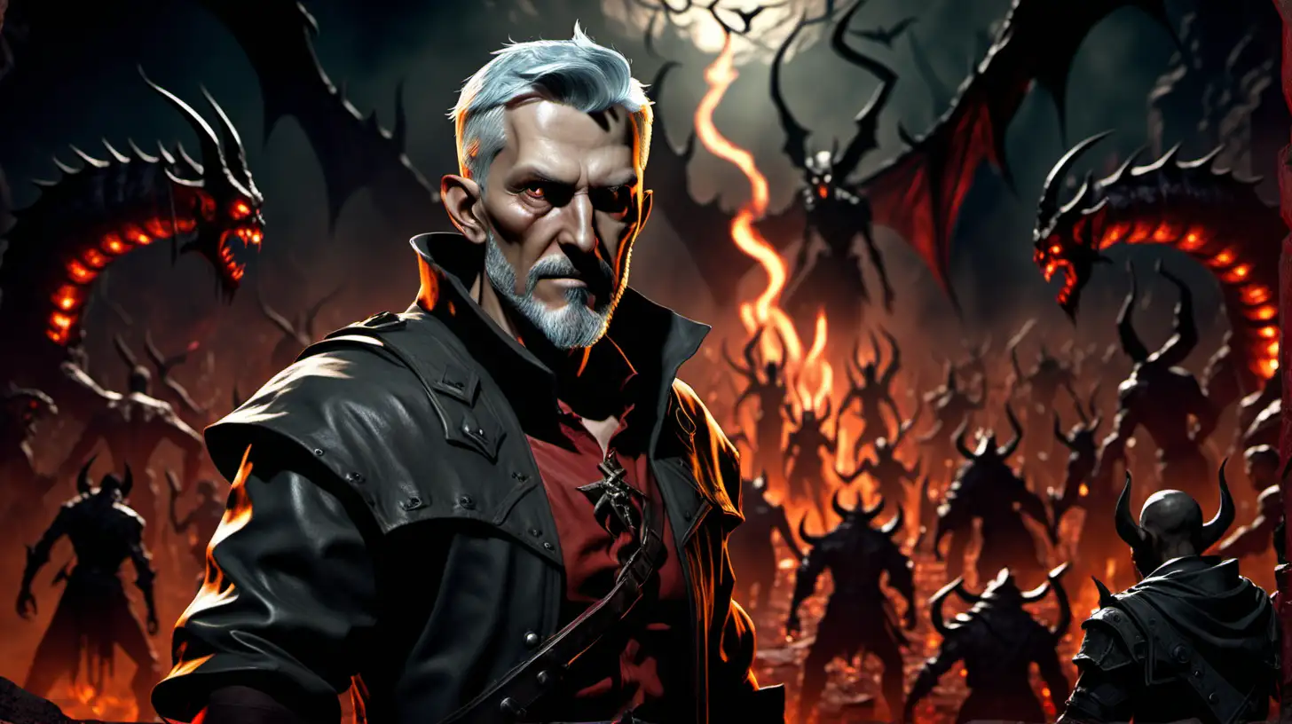 a grey haired male rogue with very short hair and a short grey beard in the style of the video game diablo 4, back ground in a hell scape with demons, no other people in the image
