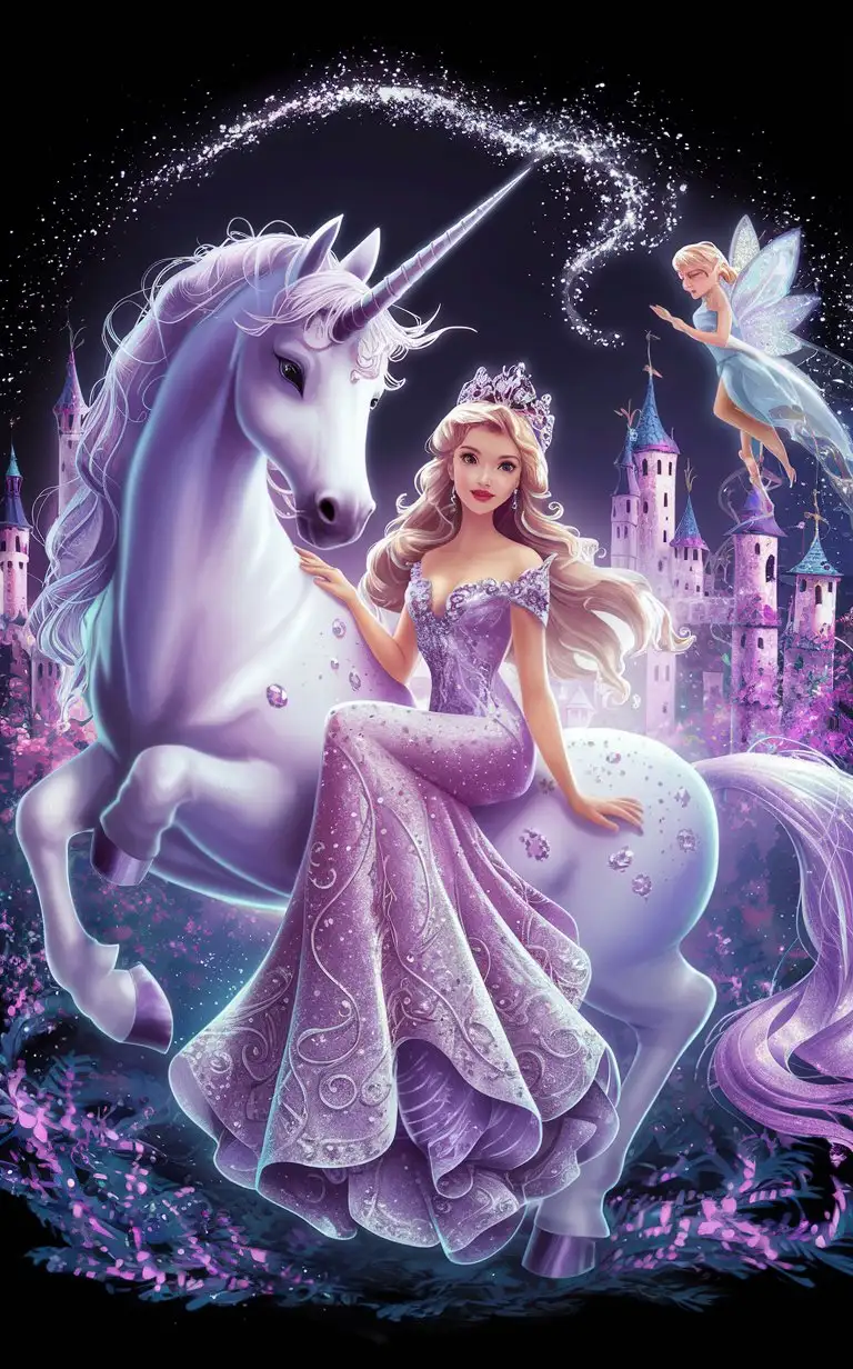 Create an image of a princess riding a unicorn with a fairy-tale background