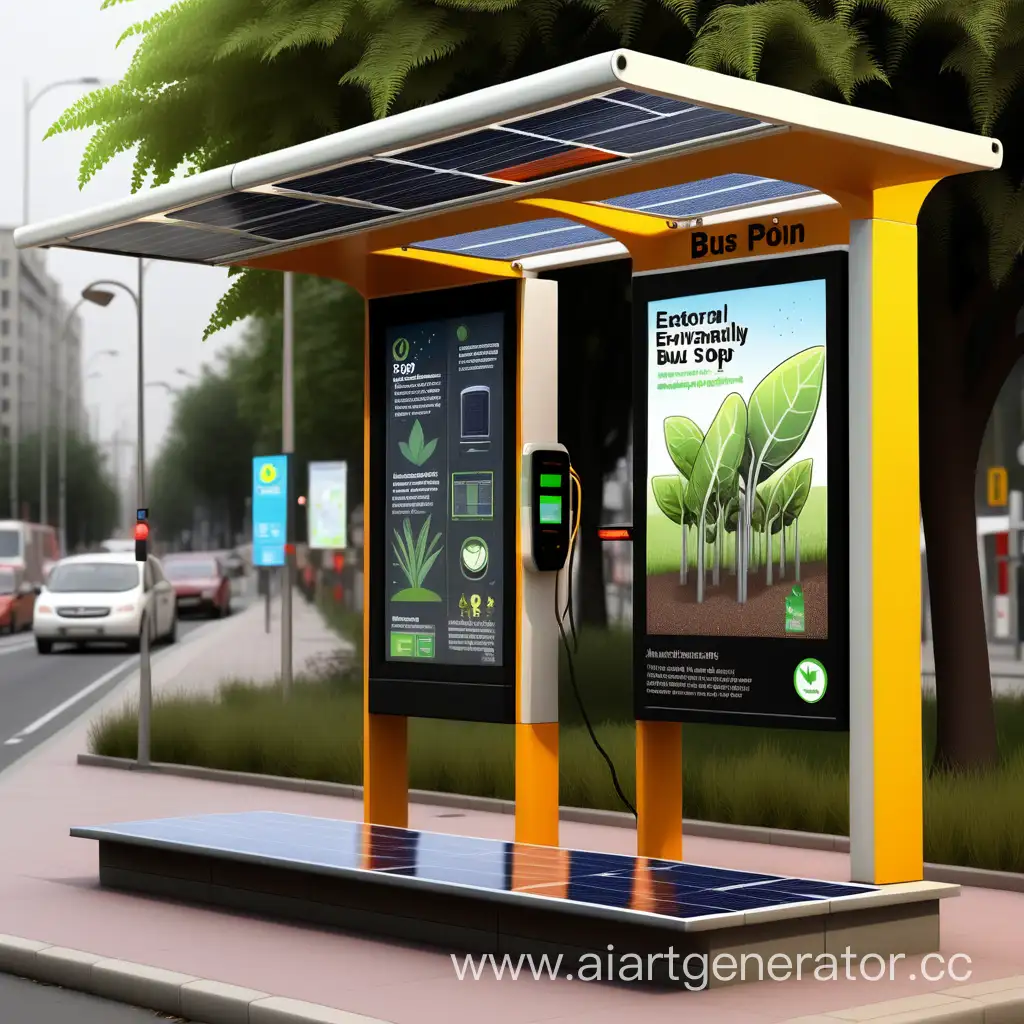 Экологичная автобусная остановка, которая работает на солнечных батареек и светится ночью . В котором есть табло автобусов и где отображается через сколько они будут. Где есть растения, точки для заряжения телефонов.