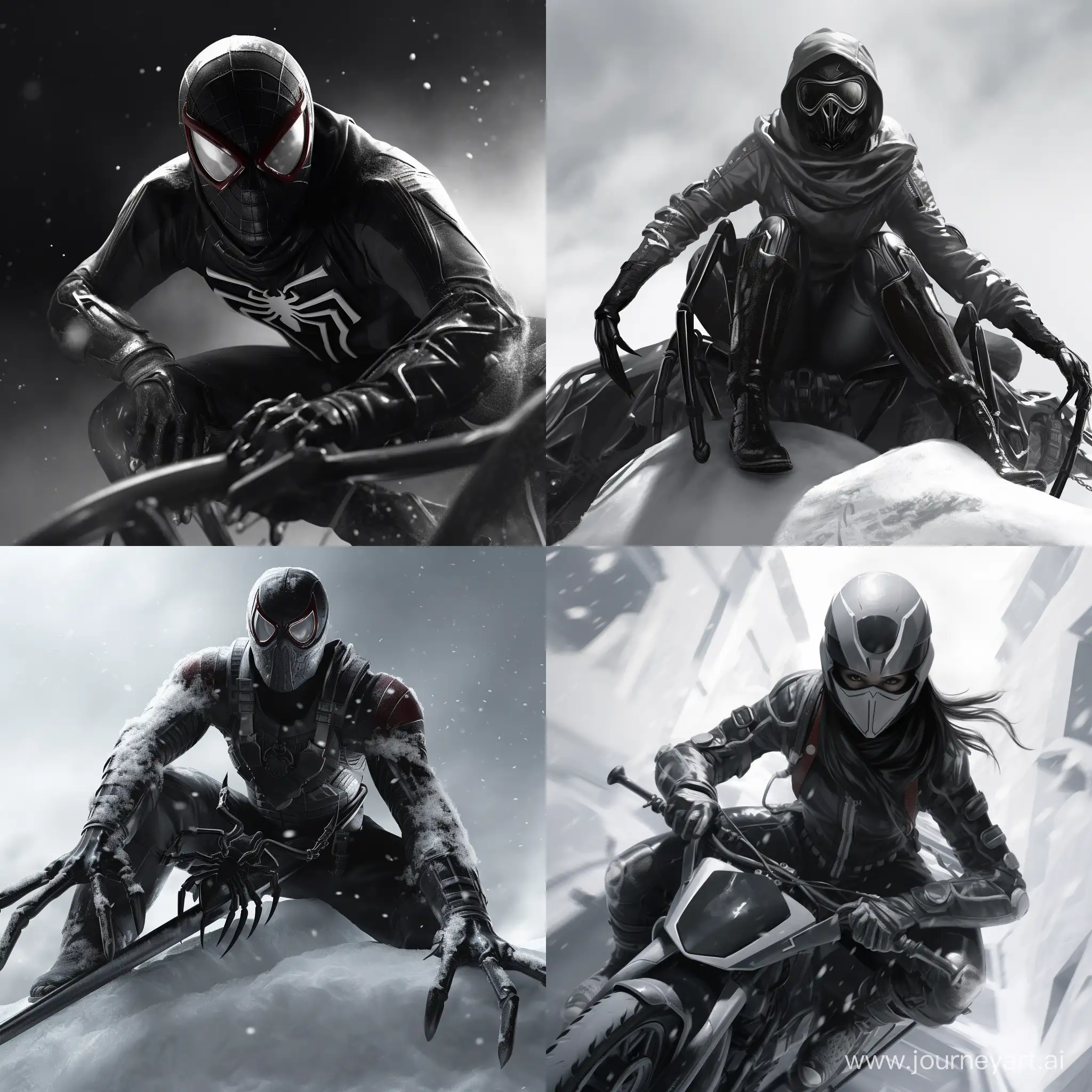 an adult in a black and white helmet posing for a photo while riding a snow - board, spider, cgsociety, Guan Liang, Noir, concept art, photorealism, Hyper Realistic