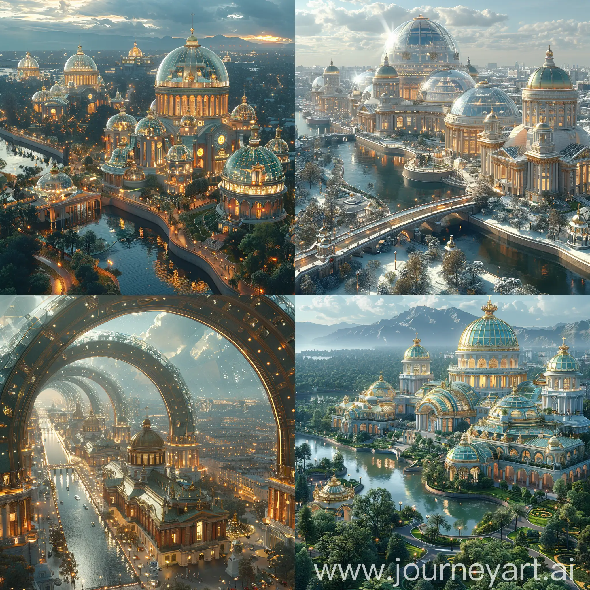 Futuristic Saint Petersburg, high tech, far future, Lakhta Center II, Eco-Cathedral, Neva River Transformation, AI-Powered Hermitage, Climate-Controlled City Dome, octane render --stylize 1000