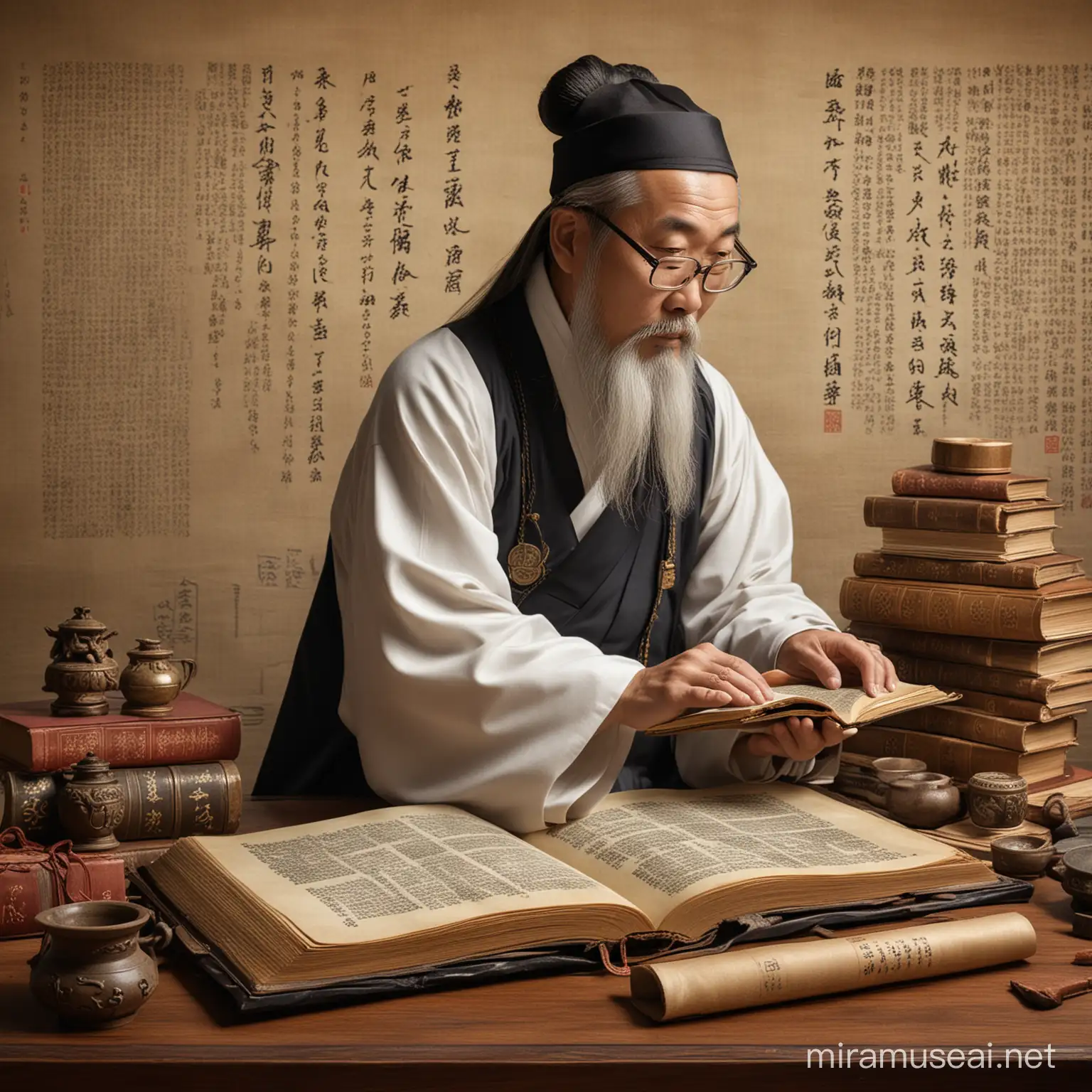 Una representación de un erudito confuciano inmerso en el estudio de los clásicos confucianos, con libros antiguos y pergaminos a su alrededor, ilustrando la búsqueda constante de conocimiento y sabiduría en el Confucianismo.