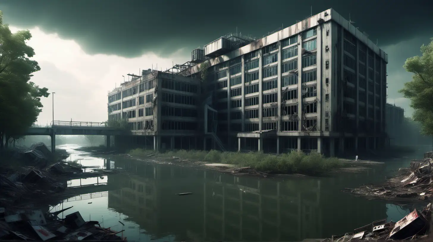 hospital on a river island, post-apocalyptic sci-fi
