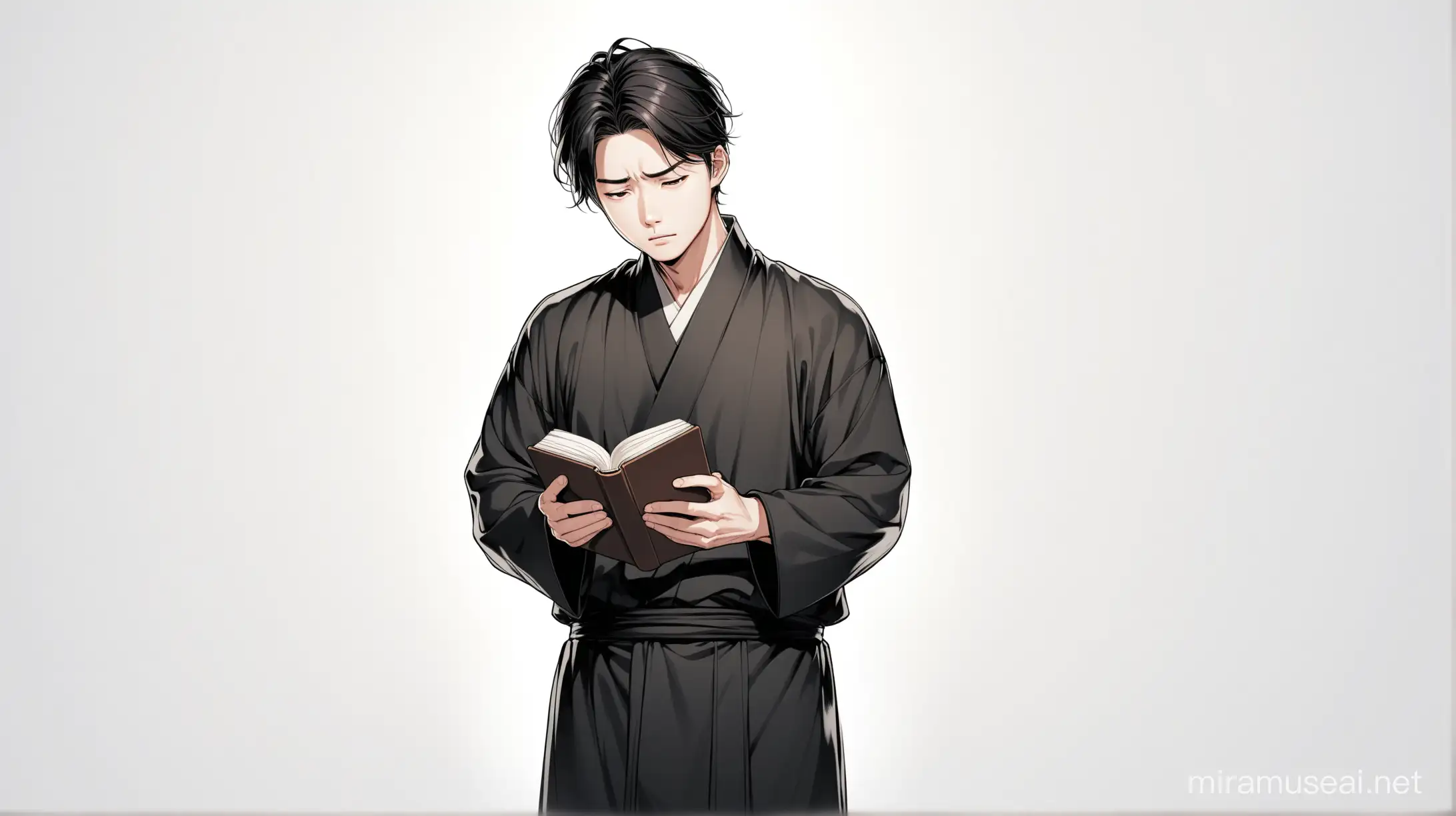 Korean Man in Traditional Attire Holding Book with Anxious Expression