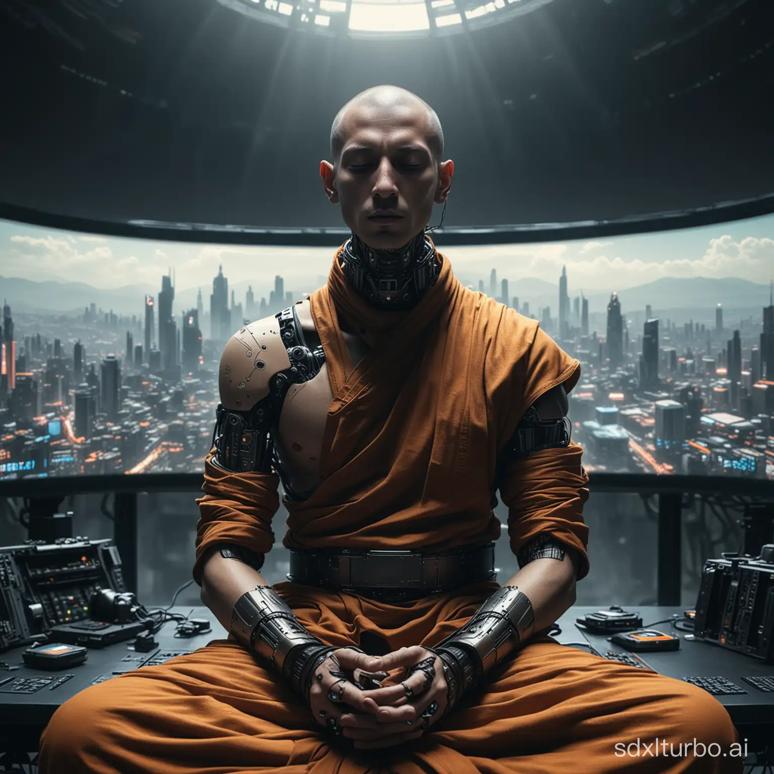 a monk in meditation, he is half human, half robot, he is in meditative position, flying, cybernetic, cyberpunk, multiple monitors around
ultraquality, 8k, Shot in a EOS 5d Max f2.5