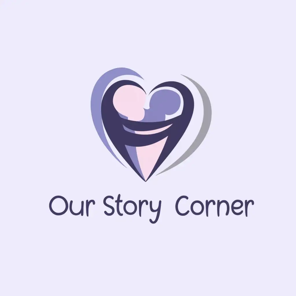 a logo design,with the text "Our Story Corner", main symbol:silhouette of a person hugging a heart with light blue, gray, and purple main colors,Moderate,clear background