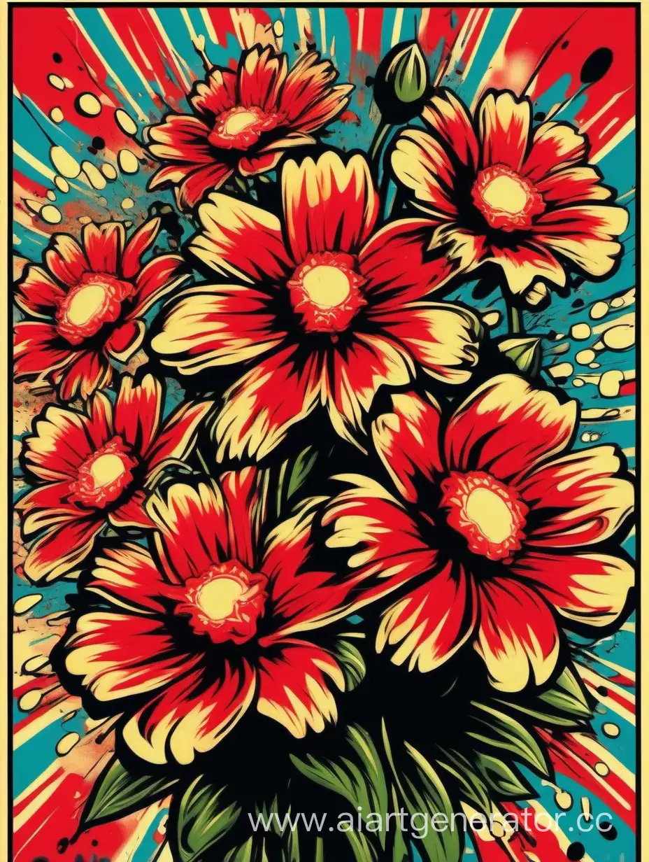 explosive flowers, pop art poster, obey style, fluid painting