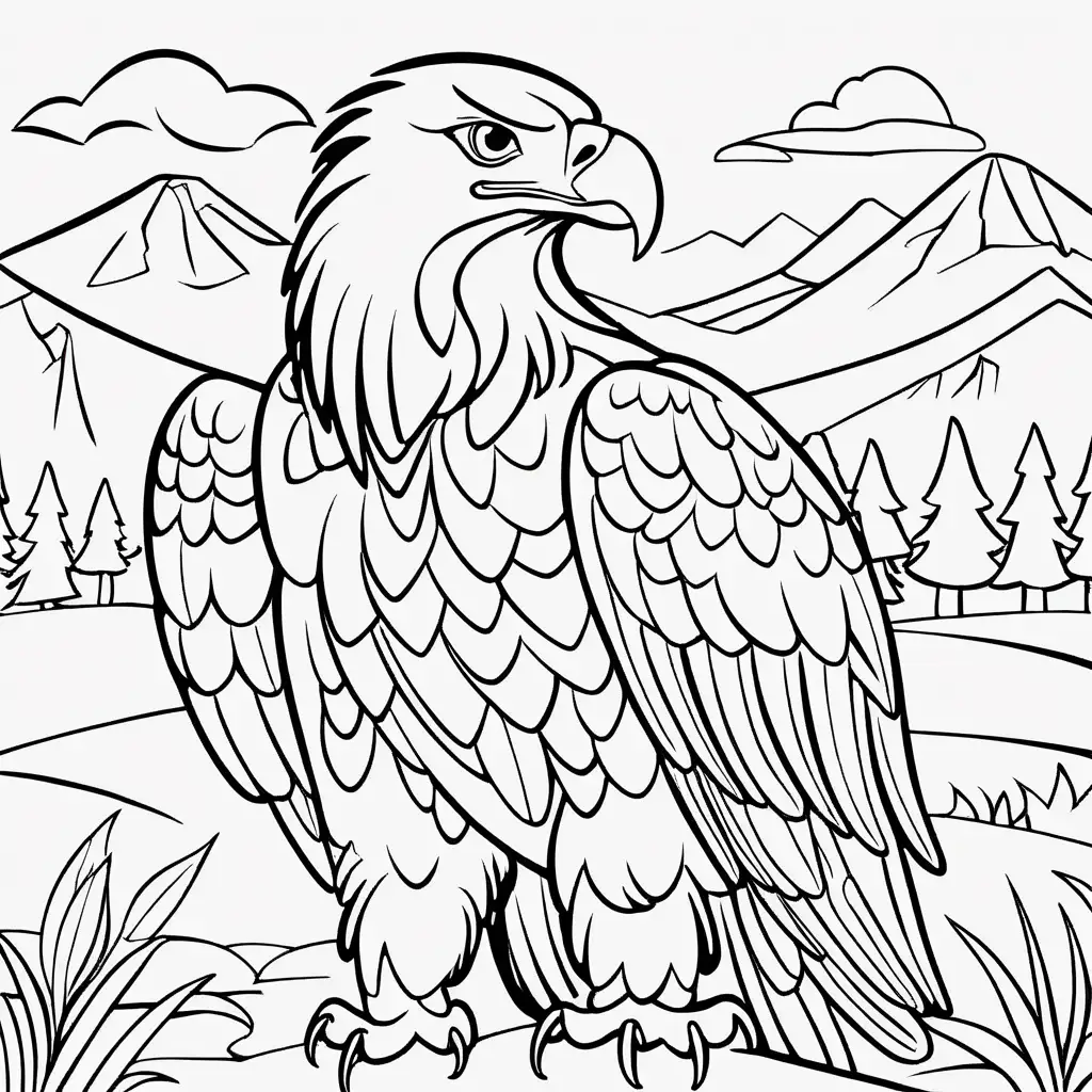 Create a coloring book page for 1 to 4 year olds. A simple cartoon cute smiling friendly faced golden eagle and its friendly faced parents with bold outlines in their native enviroment. The image should have no shading or block colors and no background, make sure the animal fits in the picture fully and just clear lines for coloring. make all images with more cartoon faces and smiling