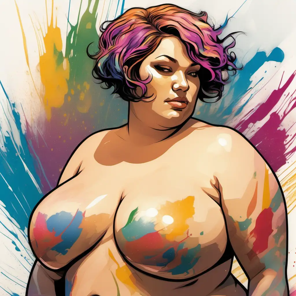 A close-up image of a single pair of large breasts on a friendly plus-sized woman with a short hairstyle. She is a beautiful goddess. She has colourful paint brushstrokes across her naked breasts.  Drawn in the style of the artwork found on the magic the gathering cards