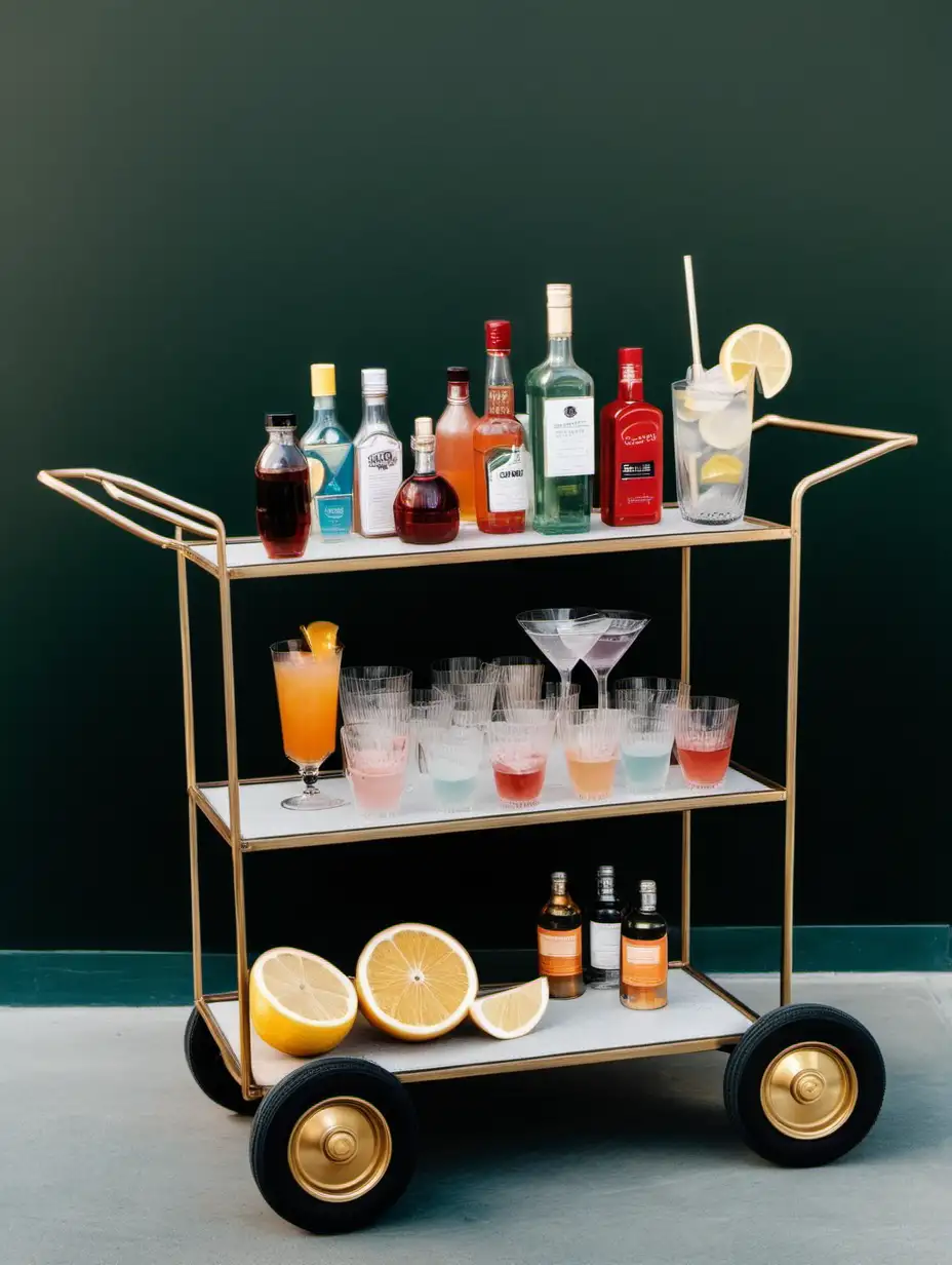 a photo of a cart with cocktail ingredients on it.
