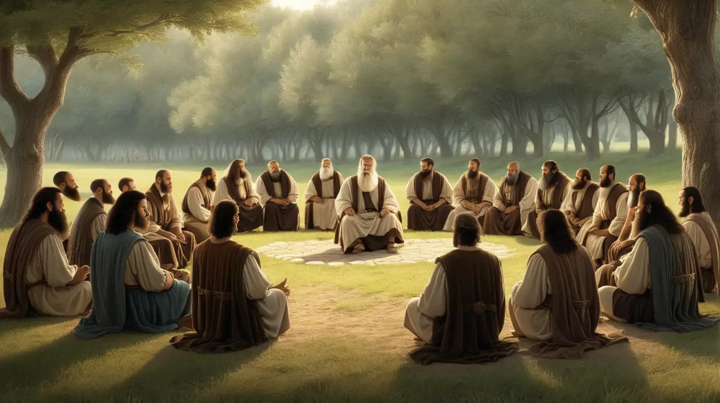 Epoque biblique, le maitre hébreu enseigne à ses élèves assis en cercle, Ils ont tous des barbes, Ils sont assis dans une clairière, au loin des grands arbres et de l'herbe