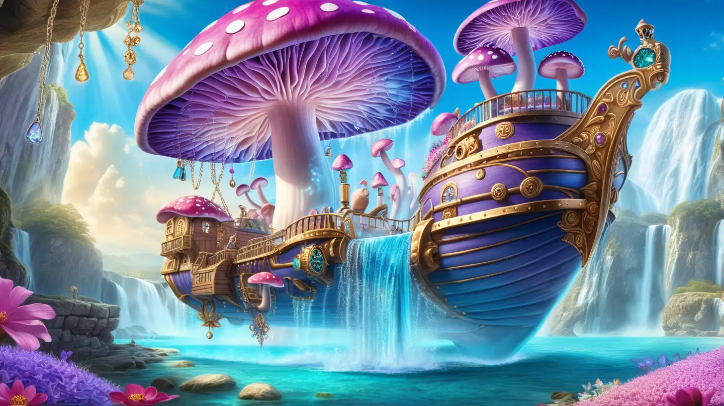 Magical Fairytale bright blue and purple waterfall-mushrooms and gold and gemstones and treasure chests and bright-pink flowers-growing on an old-giant flying ship with bright sunny sky