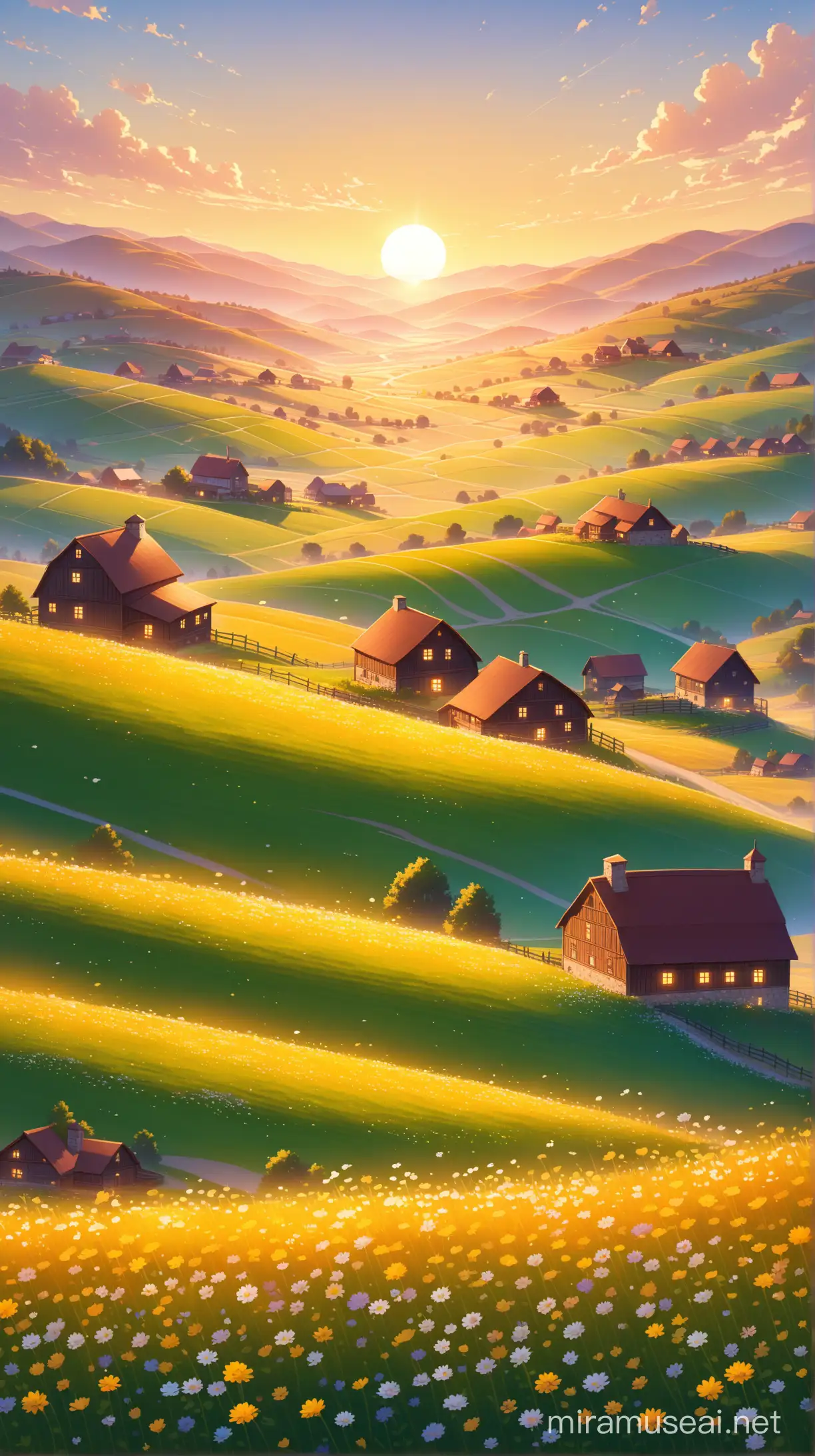 A vast field of wildflowers bathed in the golden light of sunrise. Rolling hills stretch into the distance, dotted with quaint farmhouses. Render in a soft, dreamlike style