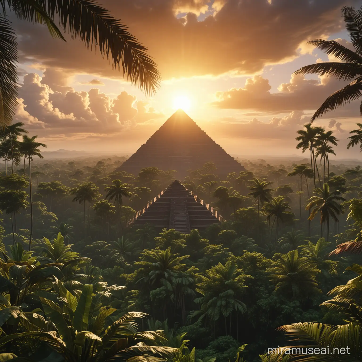 selva tropical hiper realistic 4k real 
con un amanecer en el horizonte una piramide mesoamericana al fondo entre el sol y las nubes 


