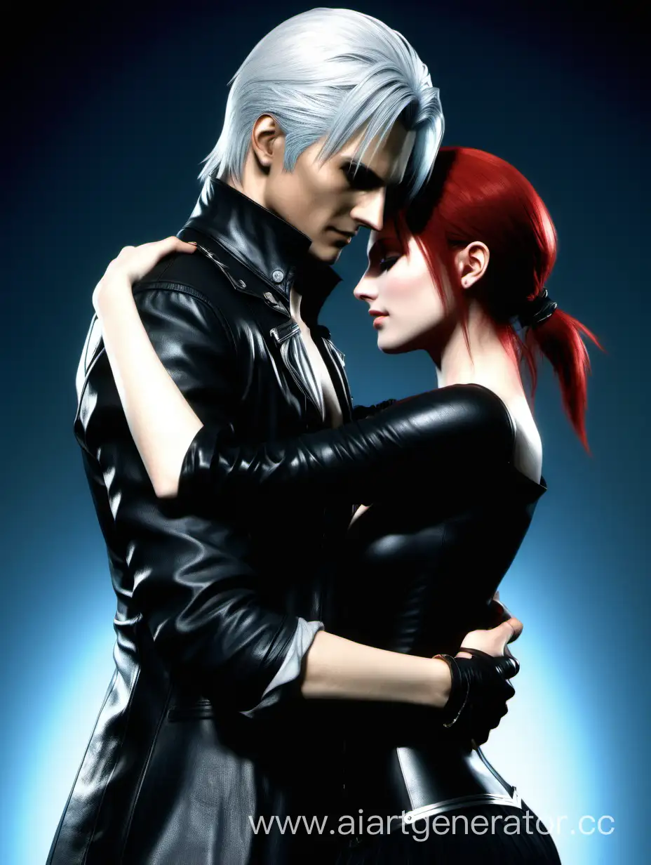 Vergil from Devil May Cry series is hugging a red-hair woman who dressed in black sexy dress
