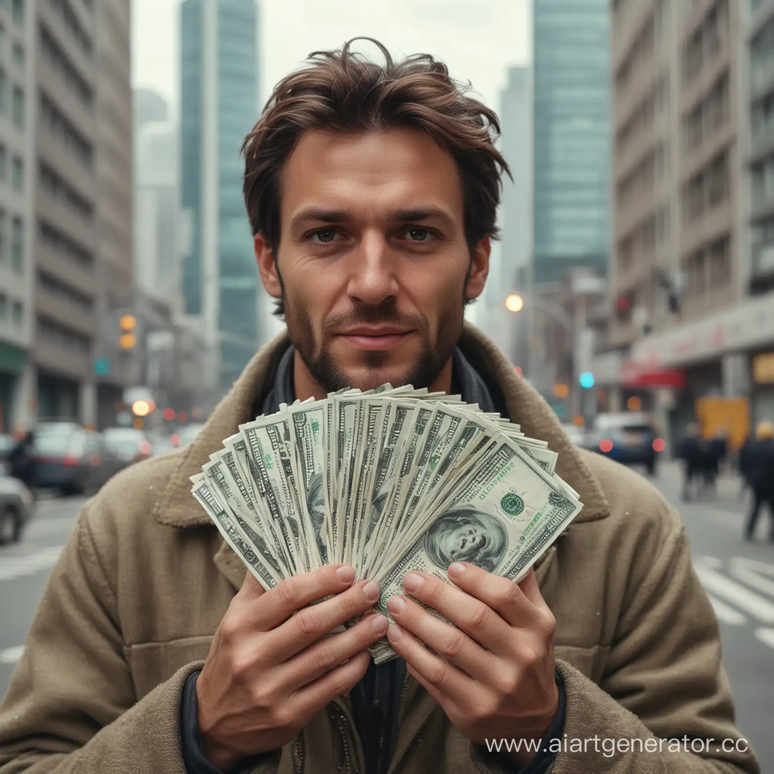 Portrait-of-a-Generous-Man-Holding-Wealth-in-the-Bustling-City