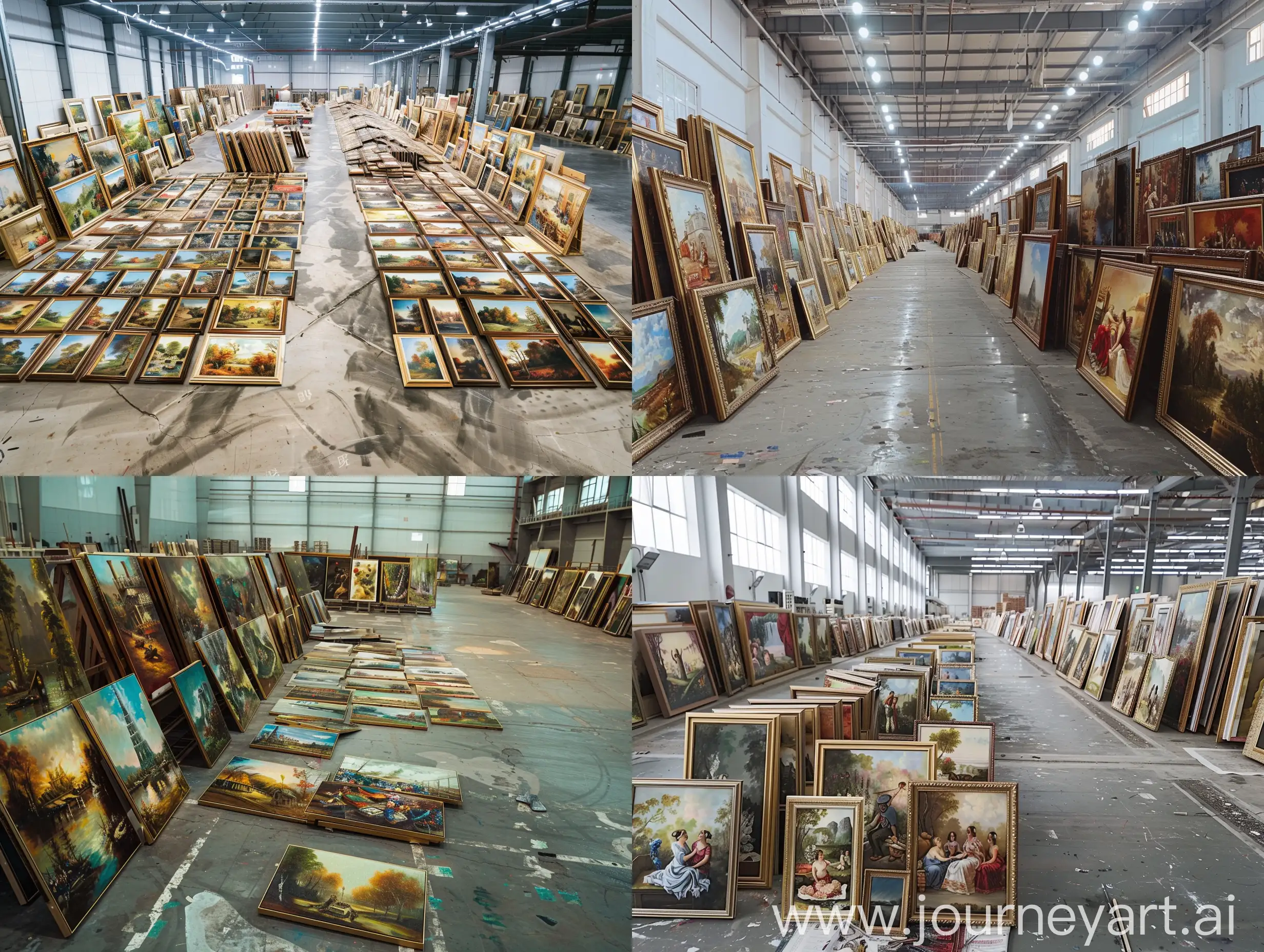 超大型油画工厂里堆满了油画作品，精美油画靠在一块成排有序的放置在地板上，水泥地板干净整洁