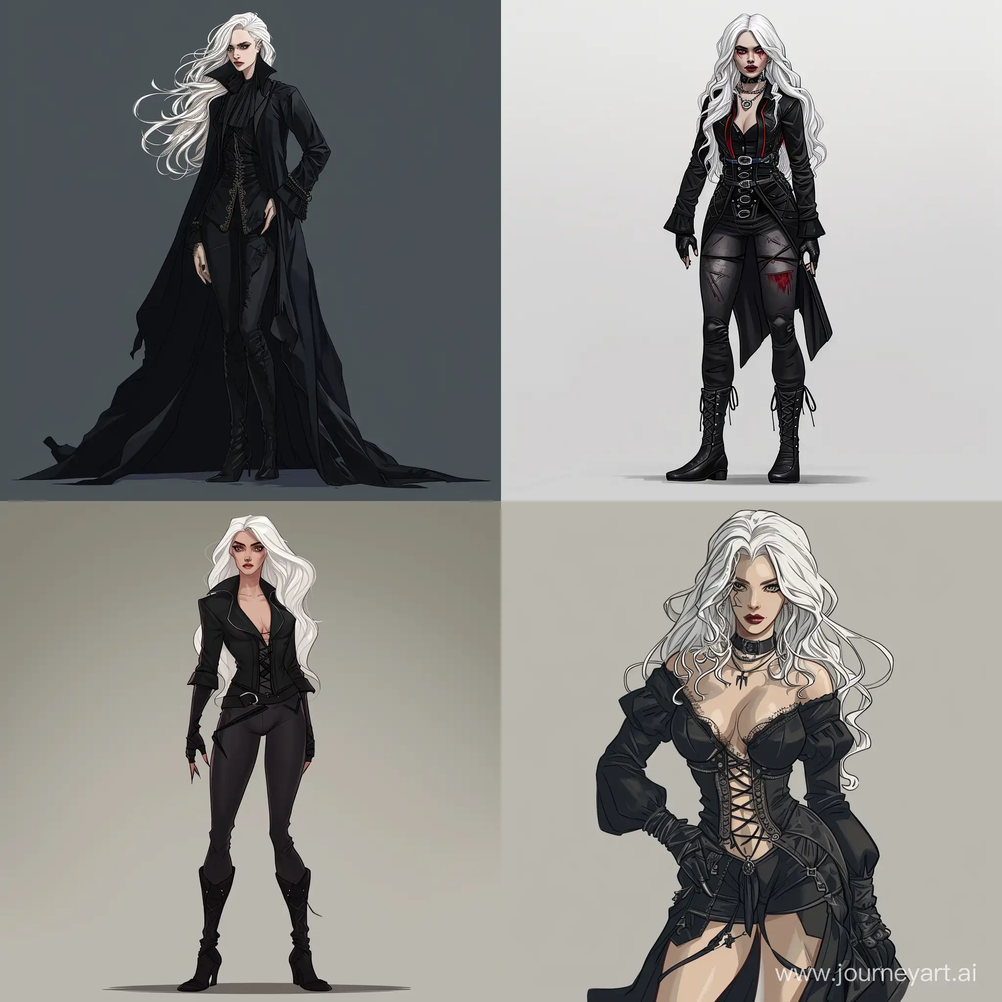 dnd female character, vampire, colored, shading, white hair, black clothes, full body