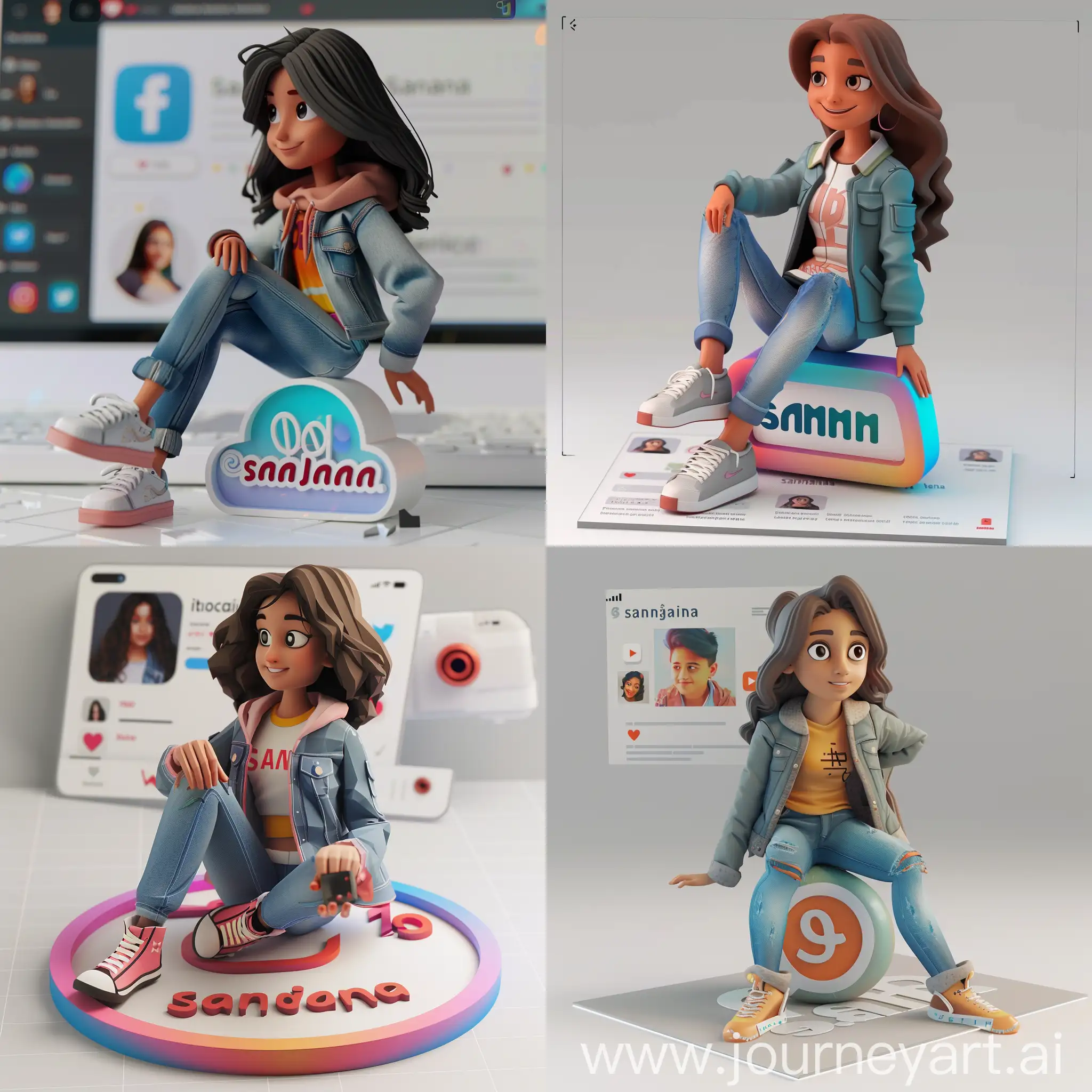 create a 3D illustration of an girl animated character sitting casually on top of a social media logo "instagram". The character must wear casual modern clothing such as jeans jacket and sneakers shoes. The background of the image is a social media profile page with a user name "sanjana" and a profile picture that match.