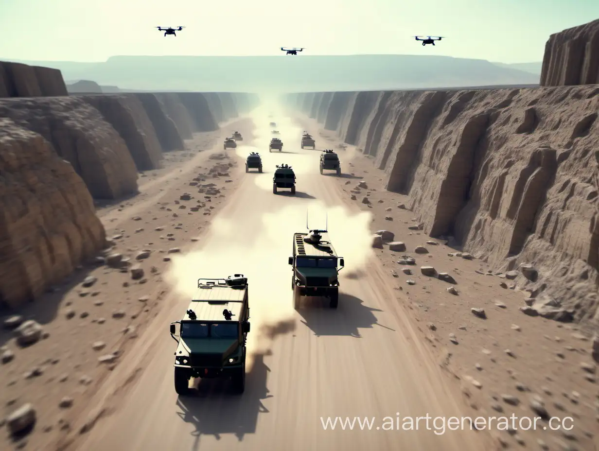 Military-Convoy-Transporting-Cargo-in-Desert-Canyon-with-UAV-Surveillance