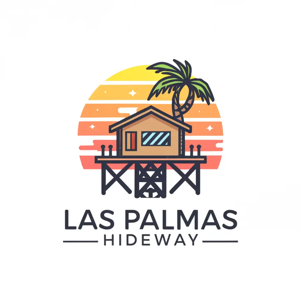 a logo design, with the text 'Las Palmas Hideaway', main symbol: house on stilts with sunset and palm tree, Minimalistic, to be used in Travel industry, clear background