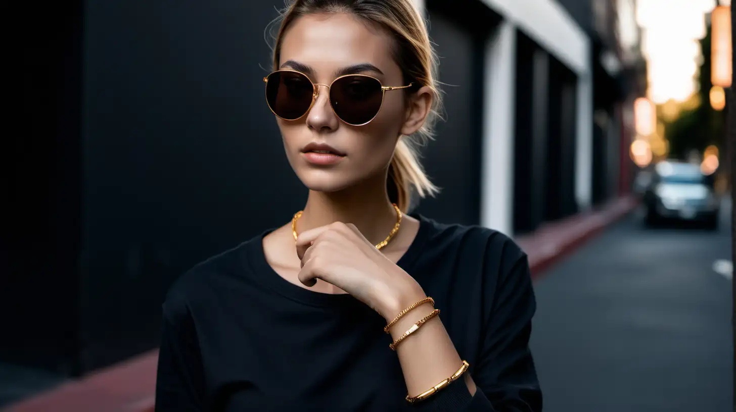 a small thin minimalist gold bracelet closeup on a confident beautyful model, shot with sony a7 III black background shot on street, casual dress, long leeve shirt, streatwear, thin sunglasses, modell is looking away from camera, aperture f7 (not portait, no blur on background)