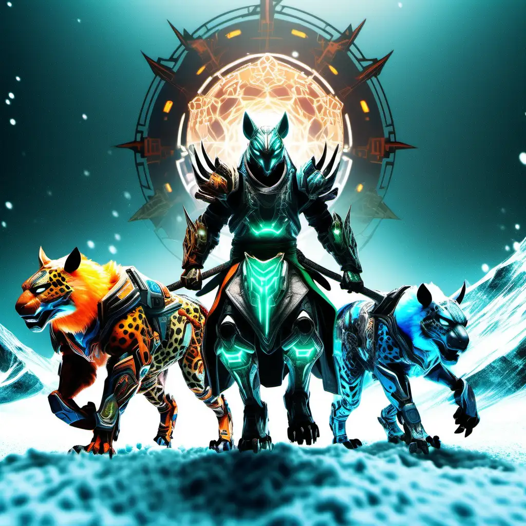 high definition simulation of a video game riding Mount gameplay screen with a cyberpunk Samurai Knight warframe ninja Robotic zord riding a robot wolf with a matching theme mixed with a rhino riding
leopard with anime hair With glowing lightning fists wearing a beautiful frozen kimono with green black and orange blues snow sacred geometry and armored shoulder guards