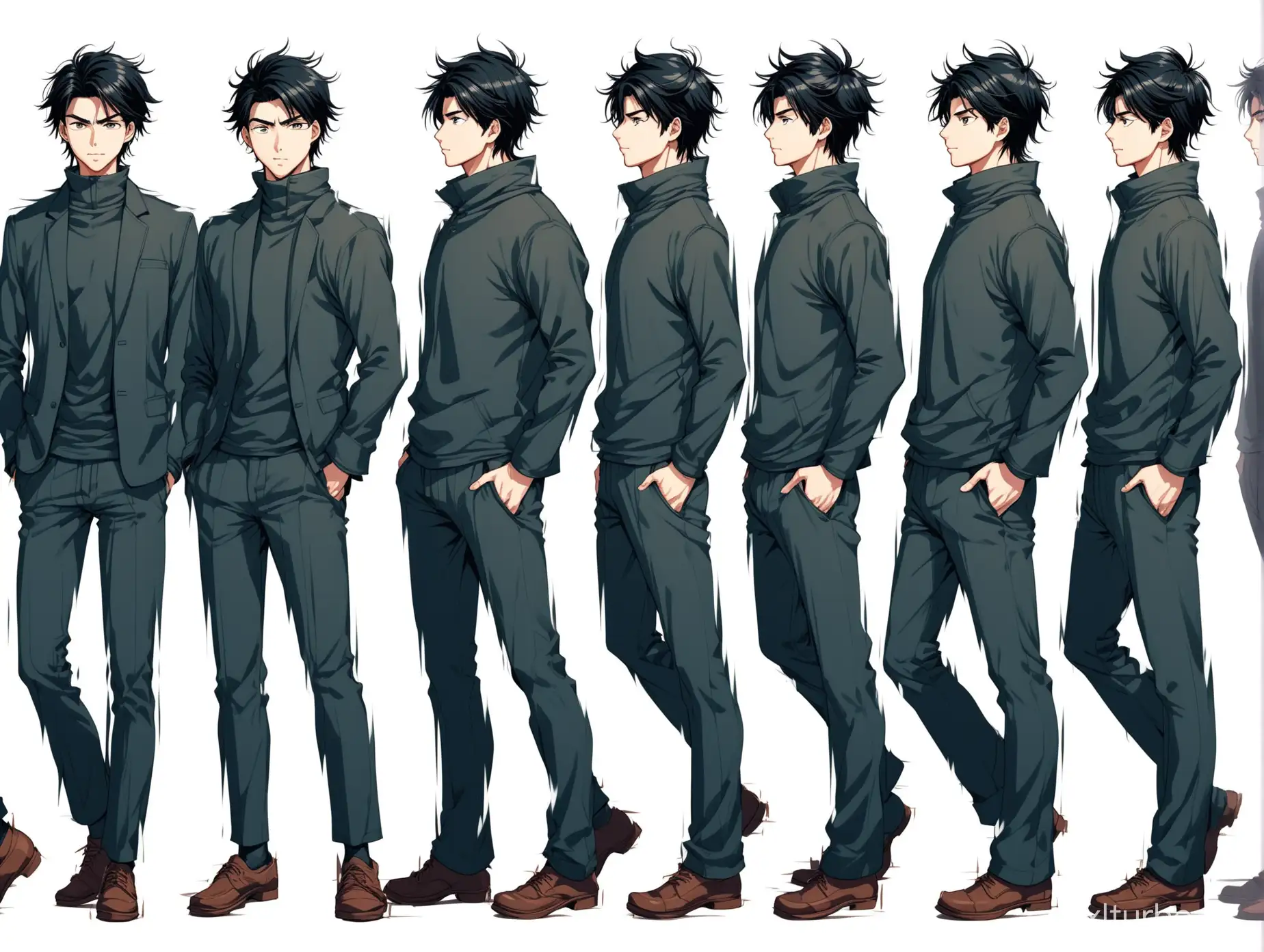 When you generate a horizontal high-definition image of a tall young man with black hair, full body photo, Japanese manga style, modern male characters, 8 different angles of movement posture, requiring the same appearance. The same winter clothing, different movement postures, with a distance between each posture