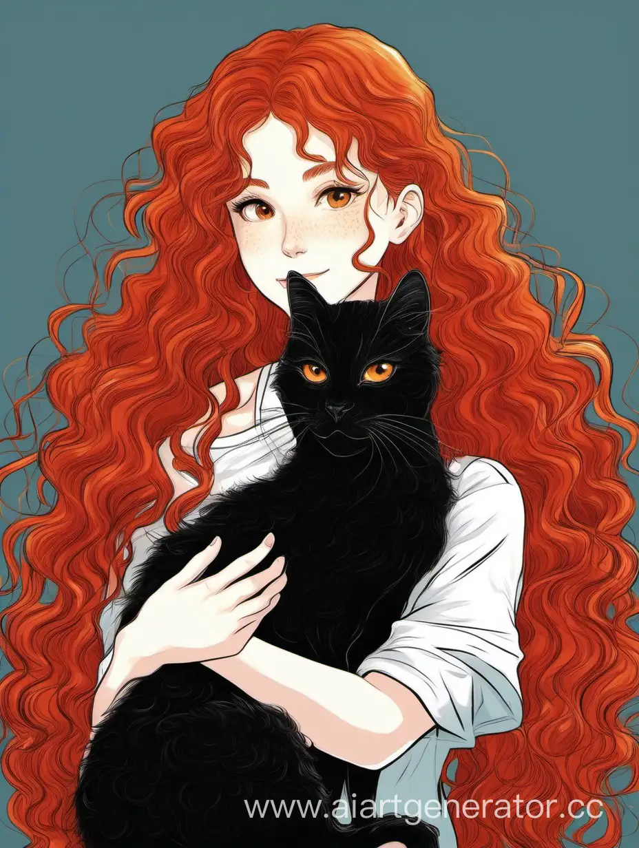 рыжая девушка, кучерявые волосы, обнимает чёрного кота