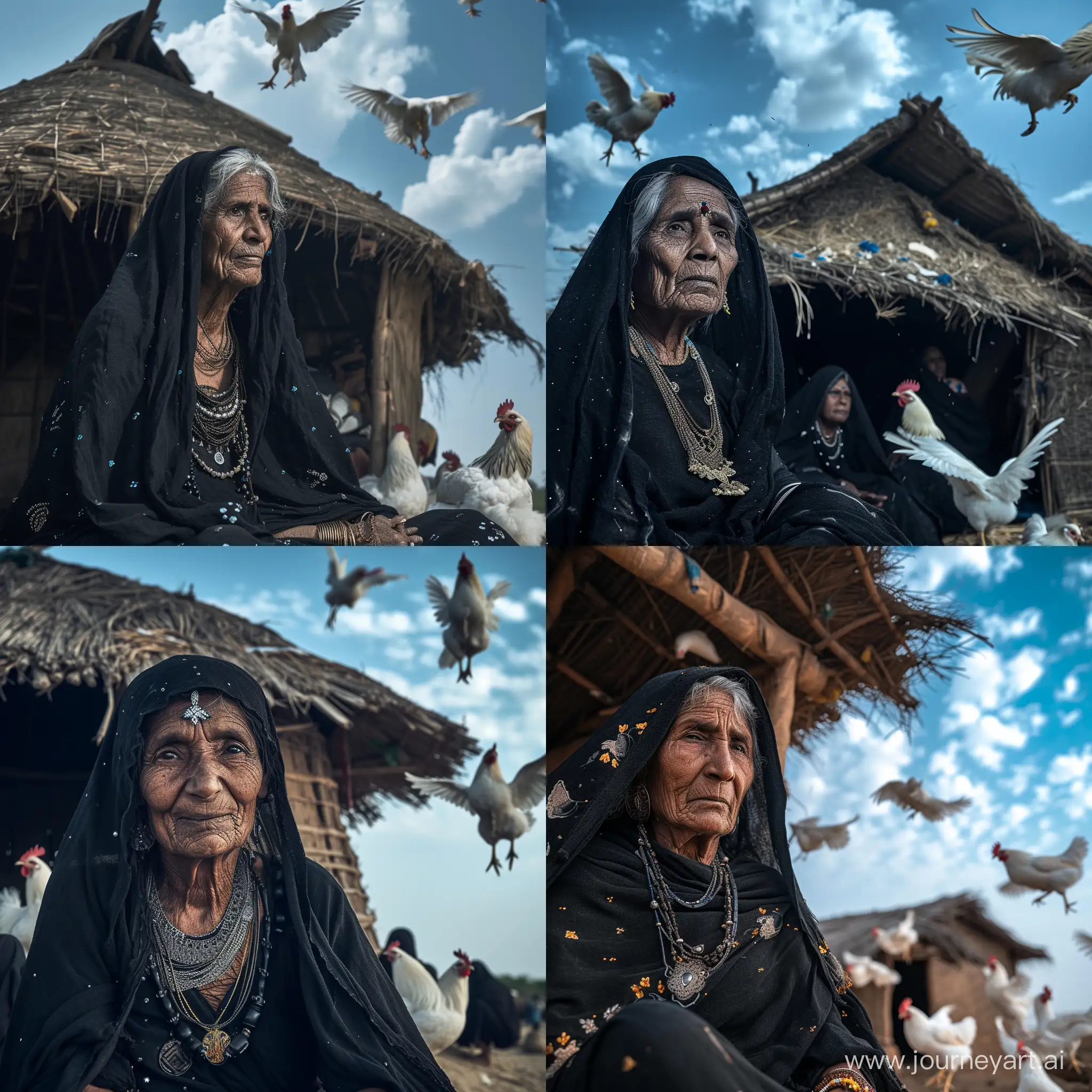   old rabari women gujarat black clothing jewerely is sitting before hut with flying  whit chickens bleu sky with clouds soft light and contrast low angle fuji xt4 35 mm
