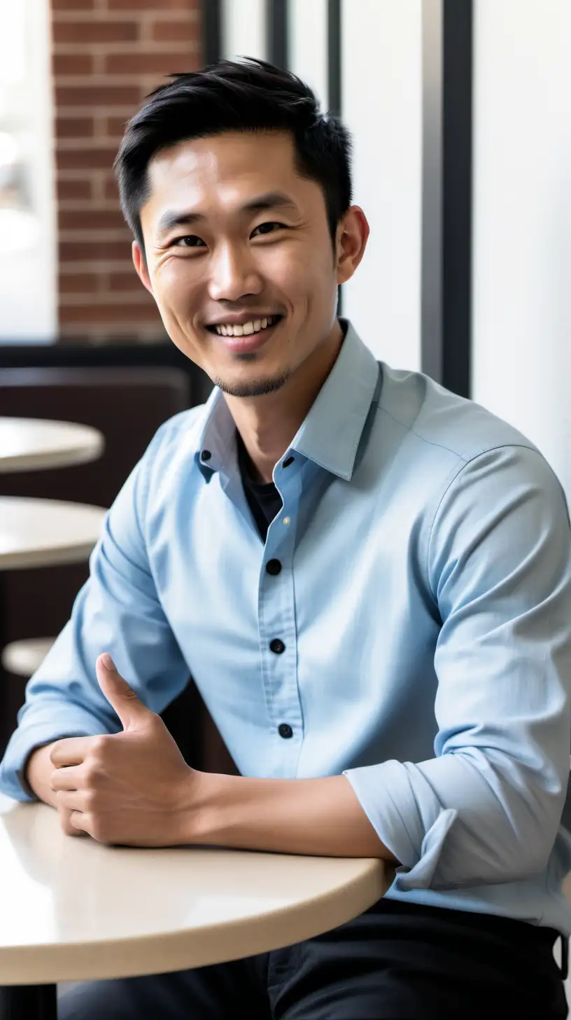 a side profile of 36-year-old Asian man, facing leftside with, black short hair, side point of view, wearing a light blue button-up shirt and black pants. sitting in the side of round cafe table, white background, talking gesture smiling. Not too close, facing left side