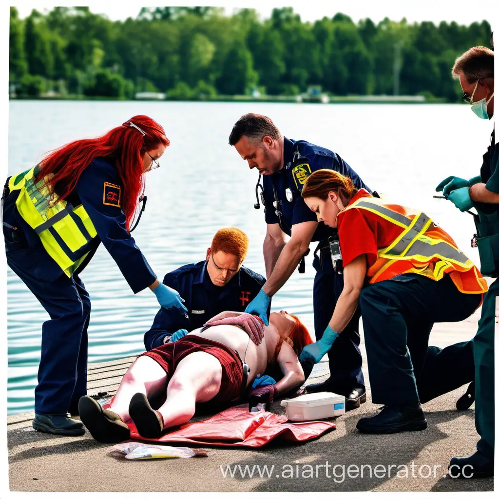 "A scene at a dock by a lake with a team of paramedics attending to a medical emergency. One paramedic is performing CPR on a pregnant woman with red hair. The patient is lying on the ground, with her skin visible. The other paramedics are assisting or ready with medical equipment."