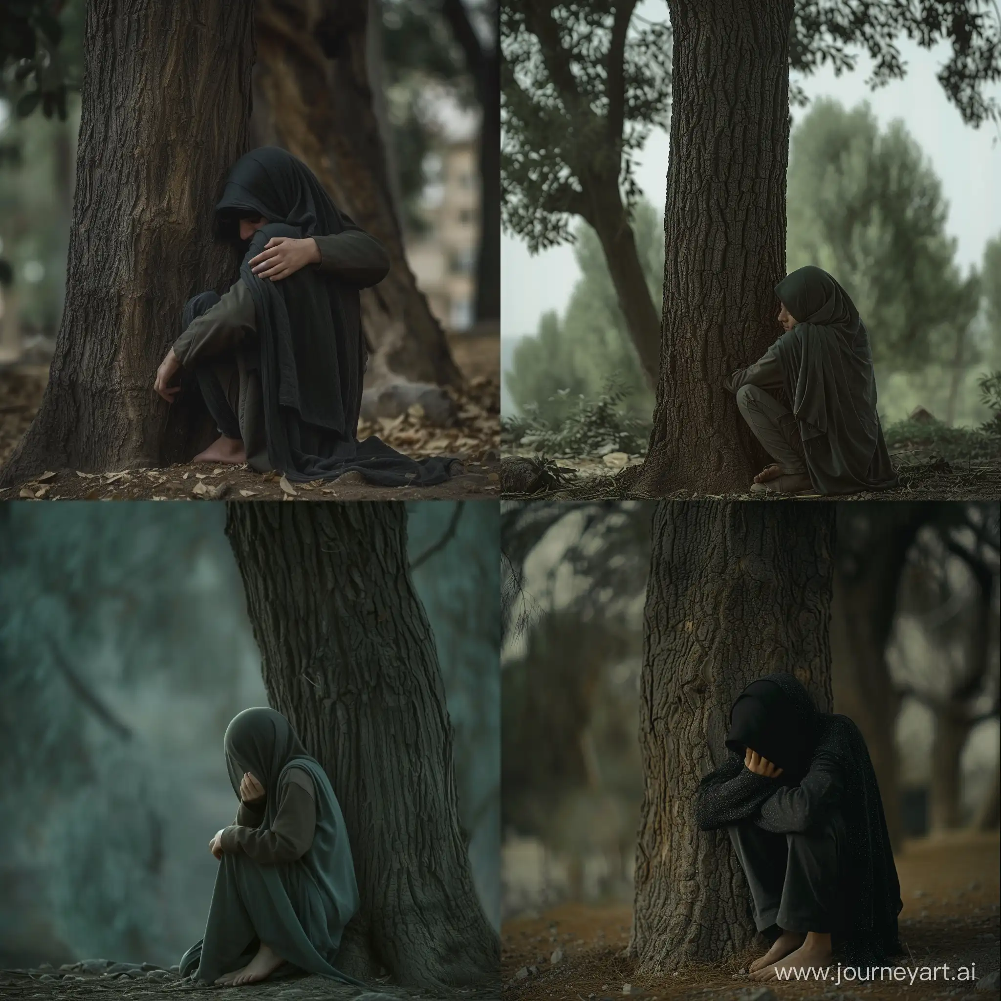 A real and natural photo of an Iranian girl with a hijab, shedding tears. He hugged his knees. Next to a big tree.