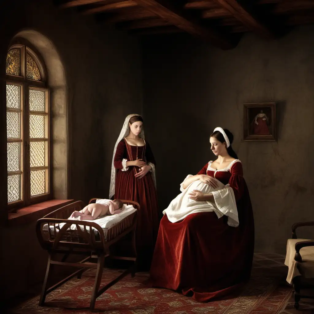 EN EL interior de una casa a pricipio del siglo xI.  una mujer  noble da aluz  una  niña .la niña se llama Ana Bolena