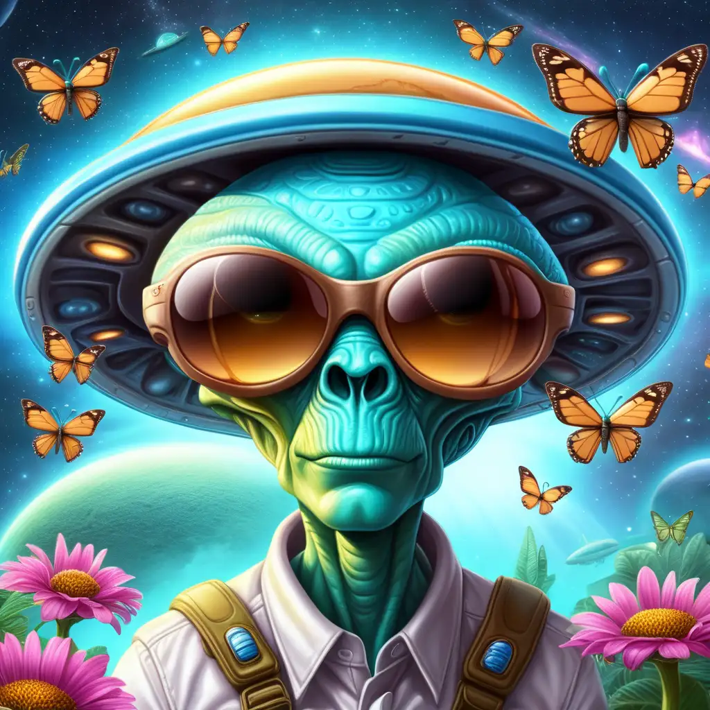 create a alien that is wearing sunglasses on a ufo with butterflies

