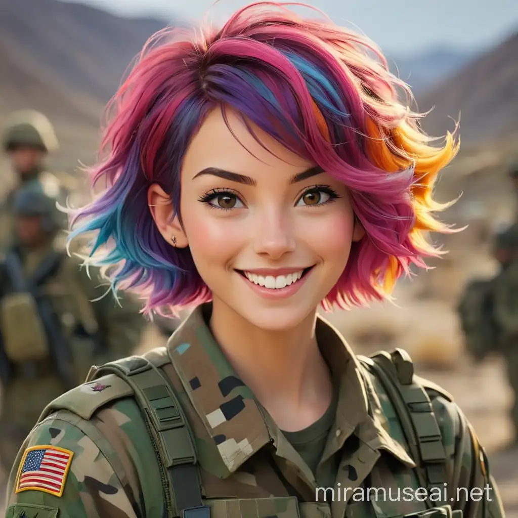 Soldatin
Lächeln
Peace
wunderhübsch
Kurze bunte Haare