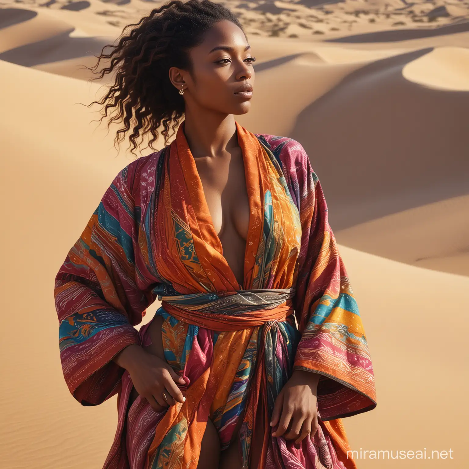 The image is a painting of a person wearing a colorful robe.The image features a desert landscape with sand dunes.Black woman beautiful face is shown.  The woman's body parts such as chest, thigh, stomach, and abdomen are visible.painterly smooth, extremely sharp detail, finely tuned detail, 8 k, ultra sharp focus, illustration, illustration, art by Ayami Kojima Beautiful Thick Black