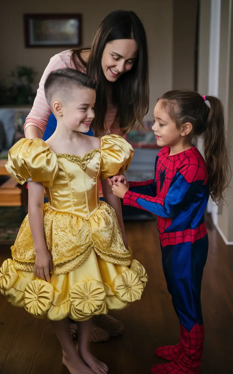 Gender role-reversal, Photograph of a mother dressing her young son, a cute boy age 8 with short smart hair shaved on the sides, up in a long bright golden Belle Disney Princess Dress with poofy sleeves and a thick flowery skirt, and she is dressing her young daughter, a cute girl age 9 with long hair in a ponytail, up in a Spider-Man costume, in a living room for fun on a rainy day, adorable, perfect children faces, perfect faces, clear faces, perfect eyes, perfect noses, smooth skin
