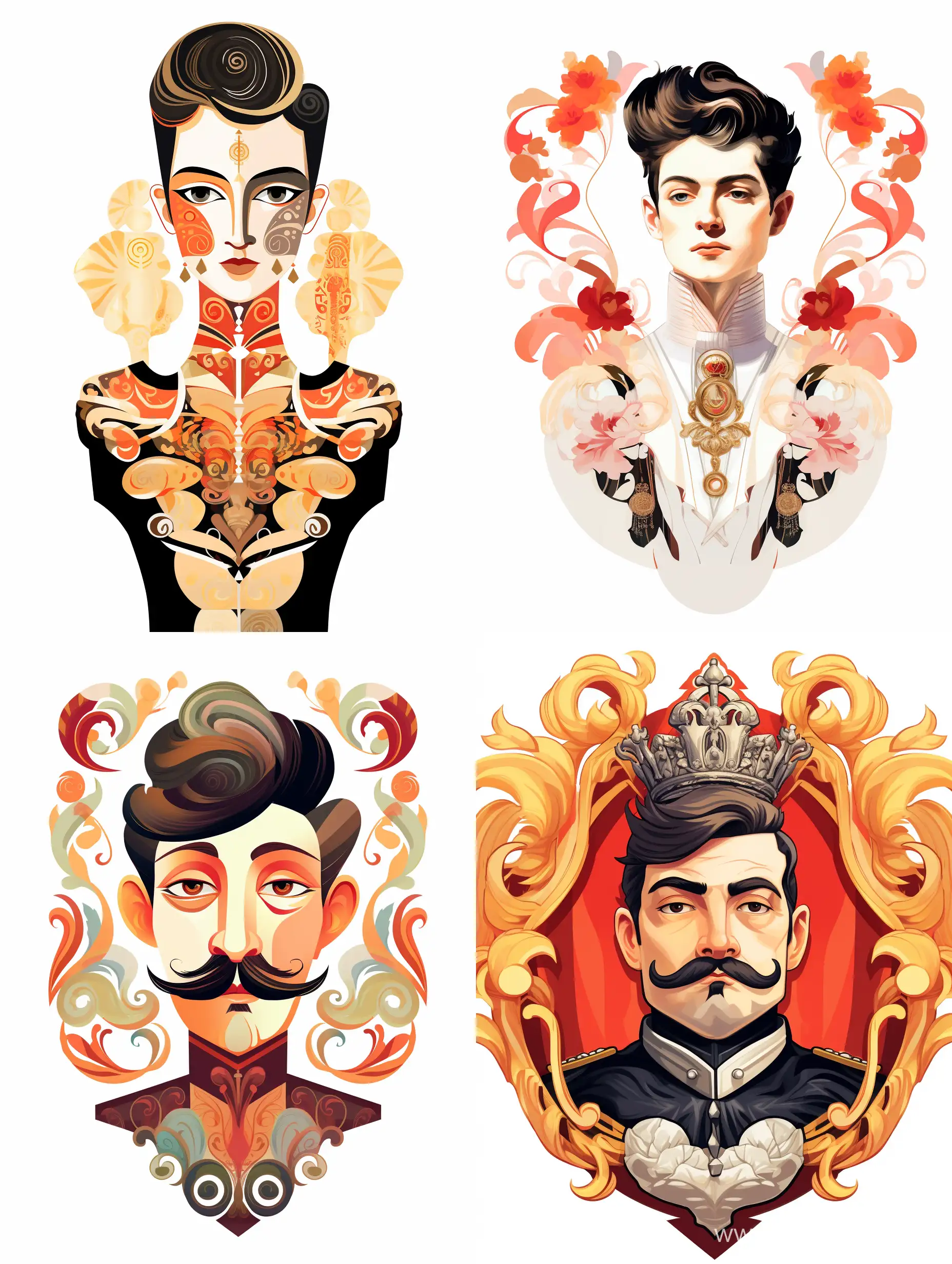 ornamental waist portrait of the ancient rich prince of Austria, reflected vertically, stylized caricature, on a white background, vector, Victor Ngai style, watercolor, decorative, flat drawing