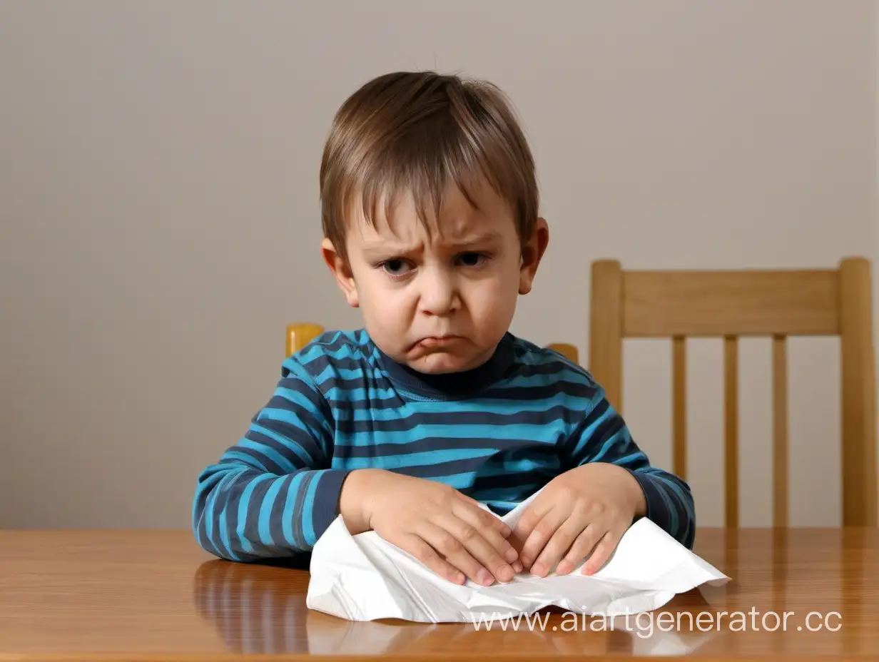 Мальчик в возрасте 3-4 лет, у него текут сопли из носа, сидит за столом, на столе лежат использованные бумажные салфетки 