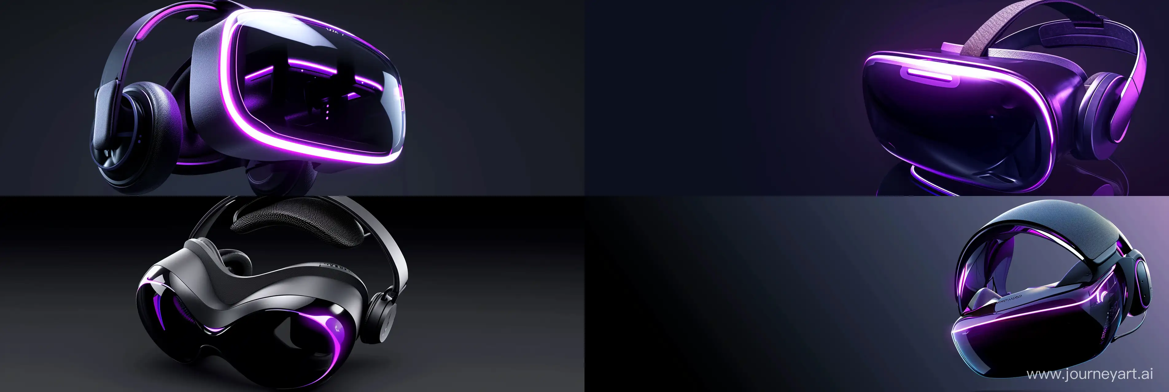 headset displayed with dynamic purple accents, sleek and high-tech appearance, targeting a hip and young audience, for use in digital advertising, resolution to fit 900x300 pixels --ar 3:1