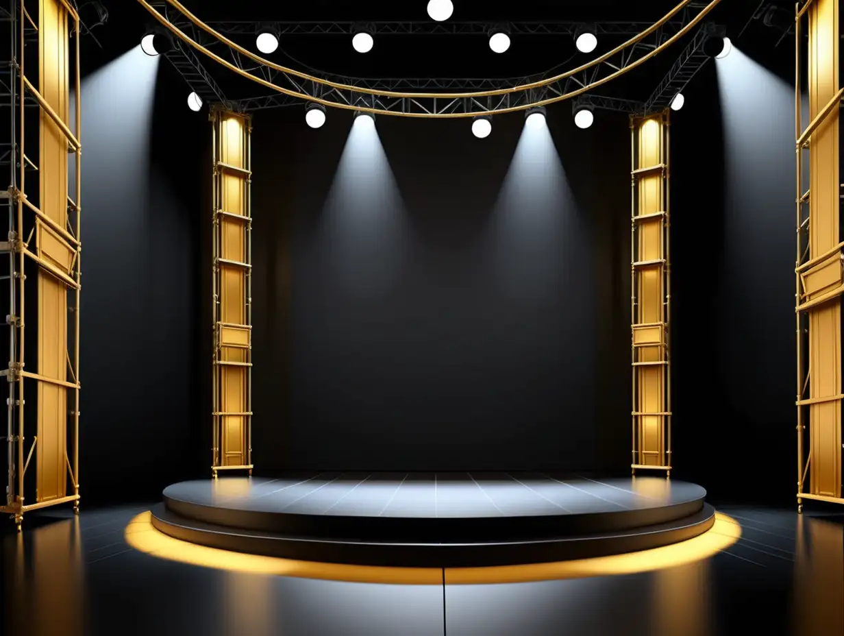 Elegant TwoTiered Stage with Black Backdrop and Golden Illumination