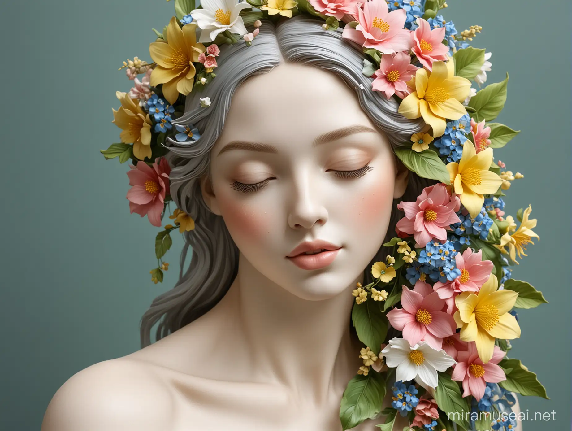 beautiful flower realistic sculpture of gentle woman figure, which is all created by flowers, there is nothing else than flowers, it is green and yellow and pink and white and blue, it has flower face and leaf nice figure, the womans sculpture is dancig in the nature, on the picture is all posture