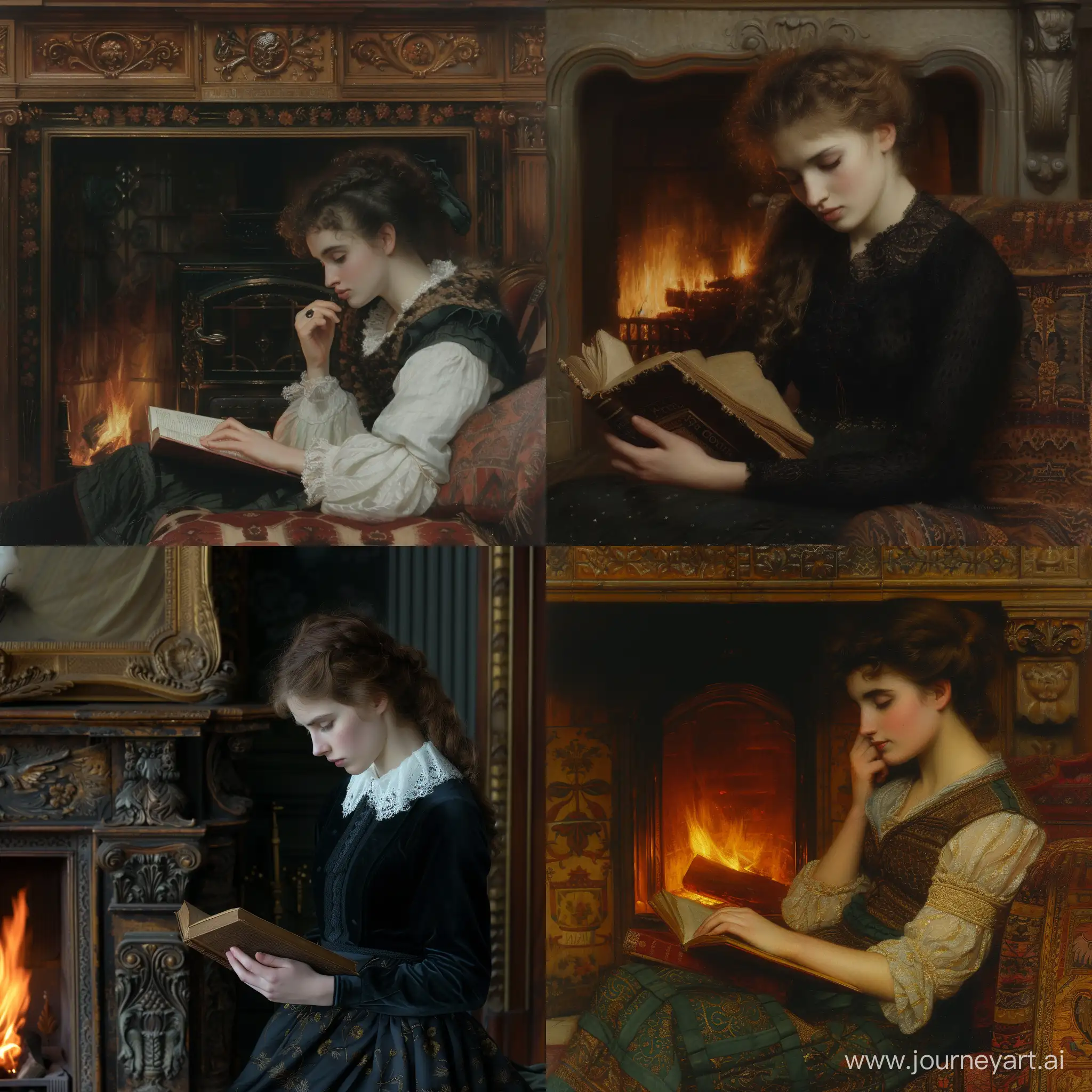 a young irish sad woman reflecting by a fireplace in the 19th century reading a book.