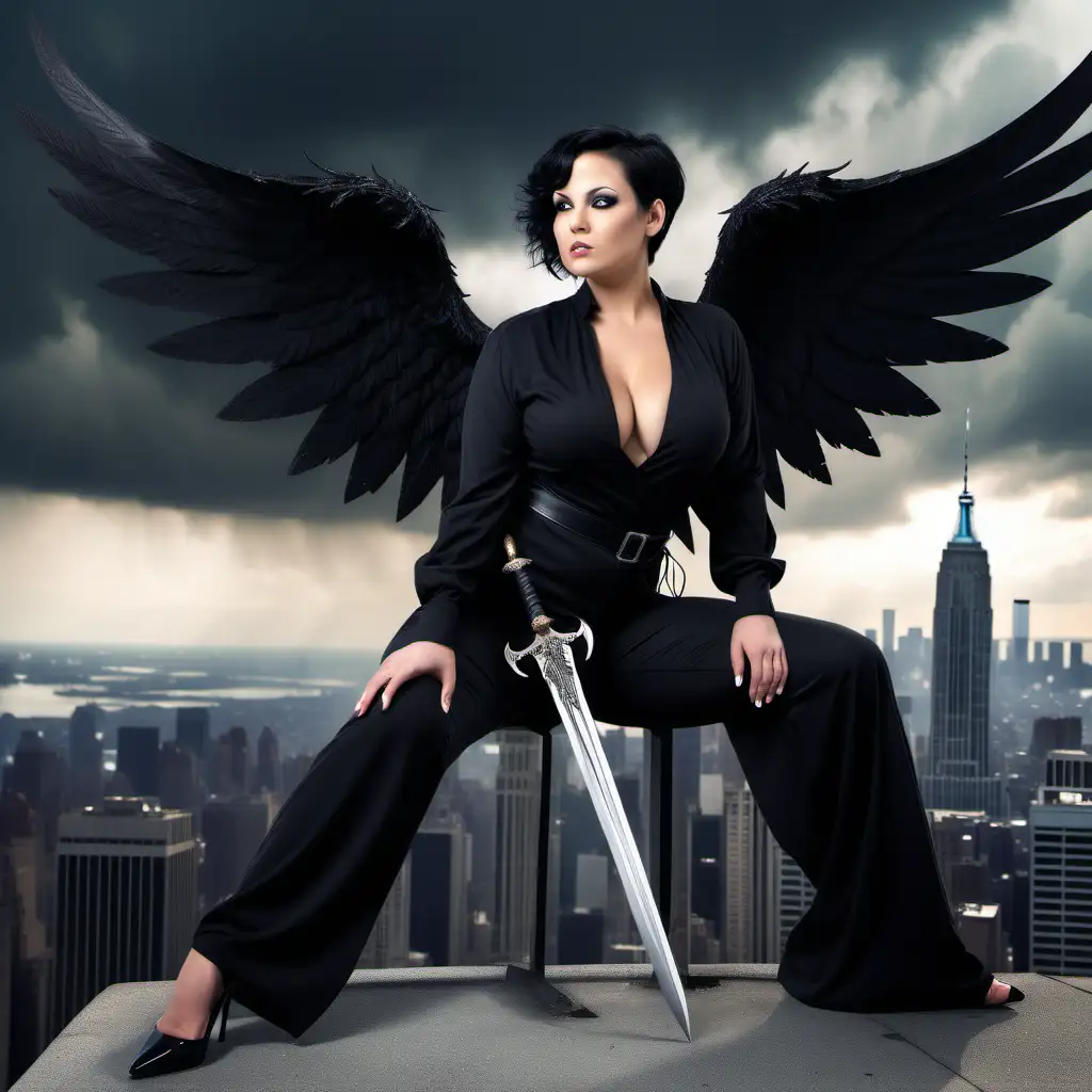 Seductive Black Winged Angel Woman with Sword Overlooking Stormy New York Skyline